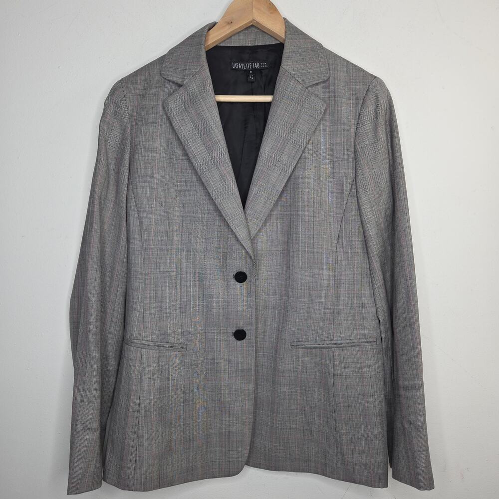 Lafayette 148 New York Wool Blazer Size 8 Grey Glen Plaid Pink Overcheck